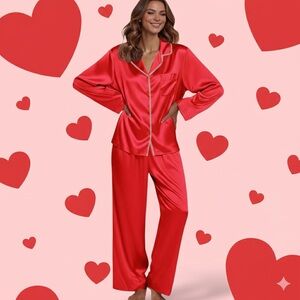 EKOUAER Red Satin 2 Piece Pajama Set US Sz M